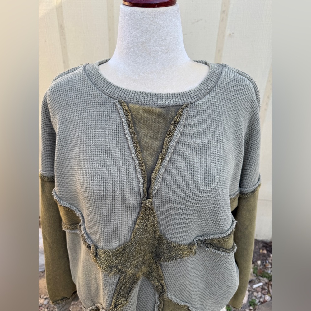 Oil & Hali Star Patchwork Sweatshirt Boho Grunge Olive - Picture 2 of 5